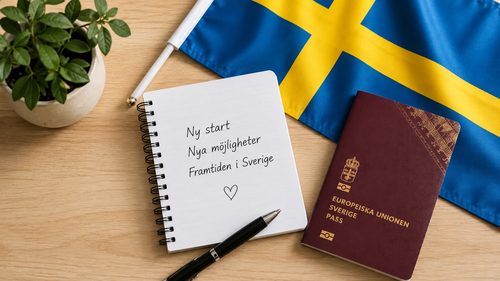Svensk flagga, pass och anteckningsbok med texten Ny start, Nya möjligheter, Framtiden i Sverige